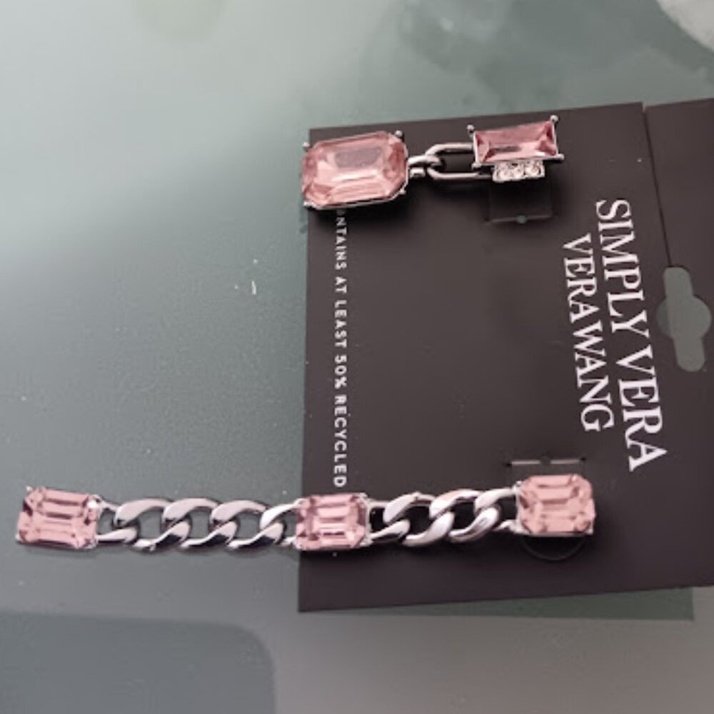 VERA WANG Rocker Chic Gunmetal Chain Pink/Clear Crystal Mismatch Drop Earrings - Picture 3 of 3